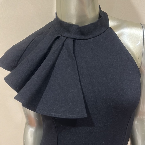 Elegant little black dress ruffle detail side shoulder mini fitted LBD size M - Picture 3 of 10